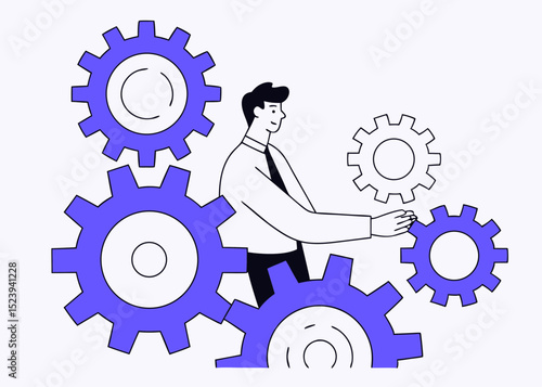 Business work flow, leadership to drive team and initiate productivity and efficiency working process concept, smart businessman manager use all his power and skill to rotate group of cogwheels gear.