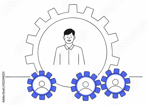 Business work flow, leadership to drive team and initiate productivity and efficiency working process concept, smart businessman manager use all his power and skill to rotate group of cogwheels gear.