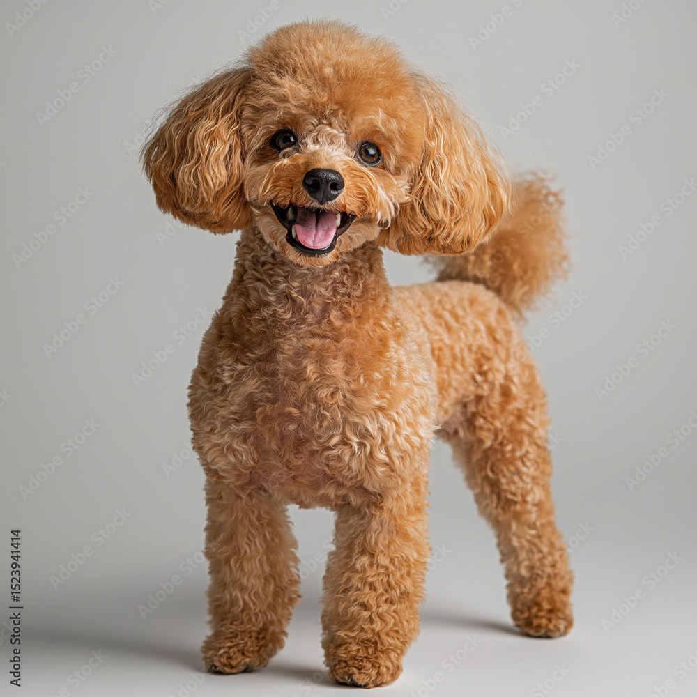 Happy Toy Poodle with curly apricot fur standing in studio on white background, smiling and playful. Happy Toy Poodle with curly apricot fur standing in studio on white background, smiling and playful.
