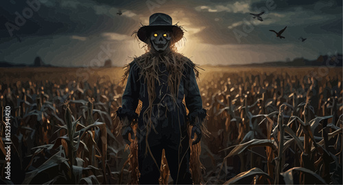 A scarecrow with a hat is positioned in a field, serving as a deterrent for birds among the crops.