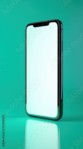 Free Download Sleek black smartphone stands on glossy turquoise surface in studio - GFXLoad
