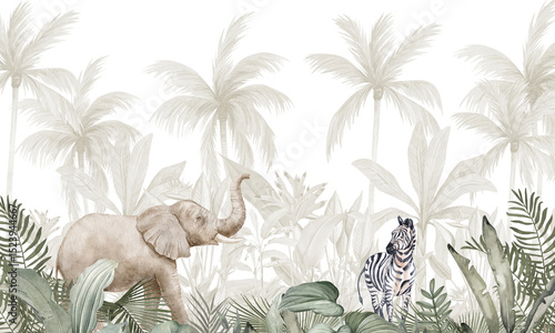 Canvas Print Aged Wildlife Wall Mural: Elephant, Birds in Retro Brown Tropical Forest