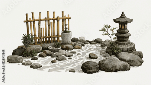 Moss & Void Japanese rock garden isolated watercolor vector illustration svg
