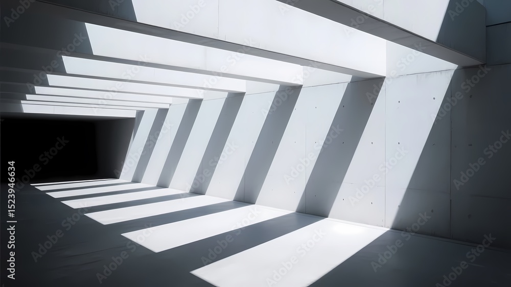 Fototapeta premium Minimalist Architectural Space with Light and Shadow. This image features a minimalist architectural interior, showcasing clean white structures and striking light - shadow contrasts.