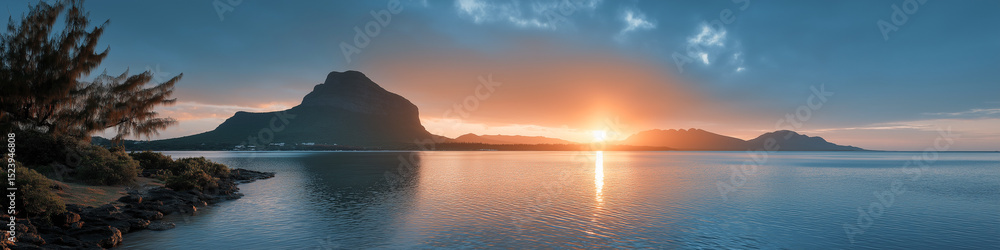 Sunset over mountain and ocean landscape Sunset over mountain and ocean landscape