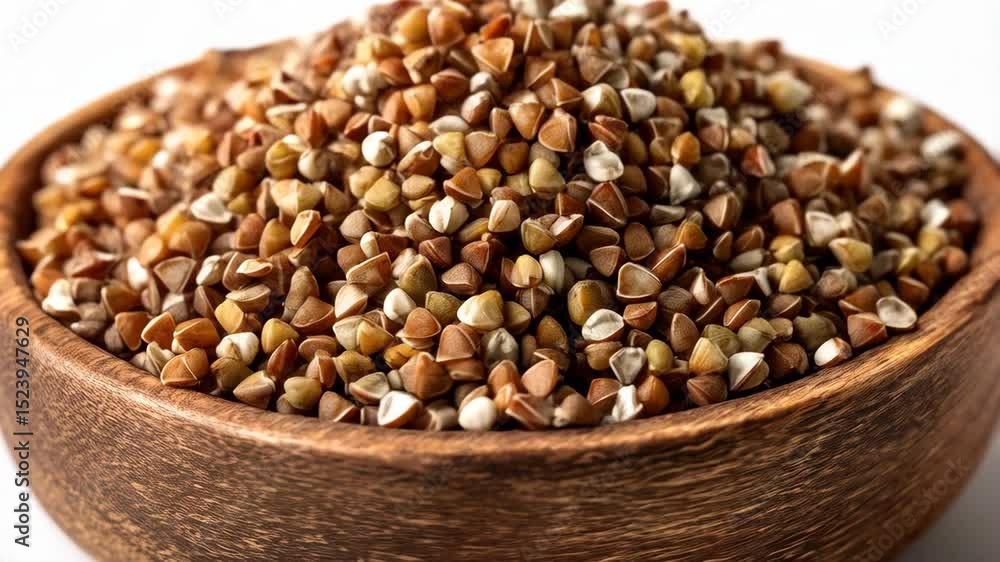 Close up of a wooden bowl filled to the brim with raw brown buckwheat grains, a healthy gluten-free food ingredient displayed on a plain background. Close up of a wooden bowl filled to the brim with raw brown buckwheat grains, a healthy gluten-free food ingredient displayed on a plain background.
