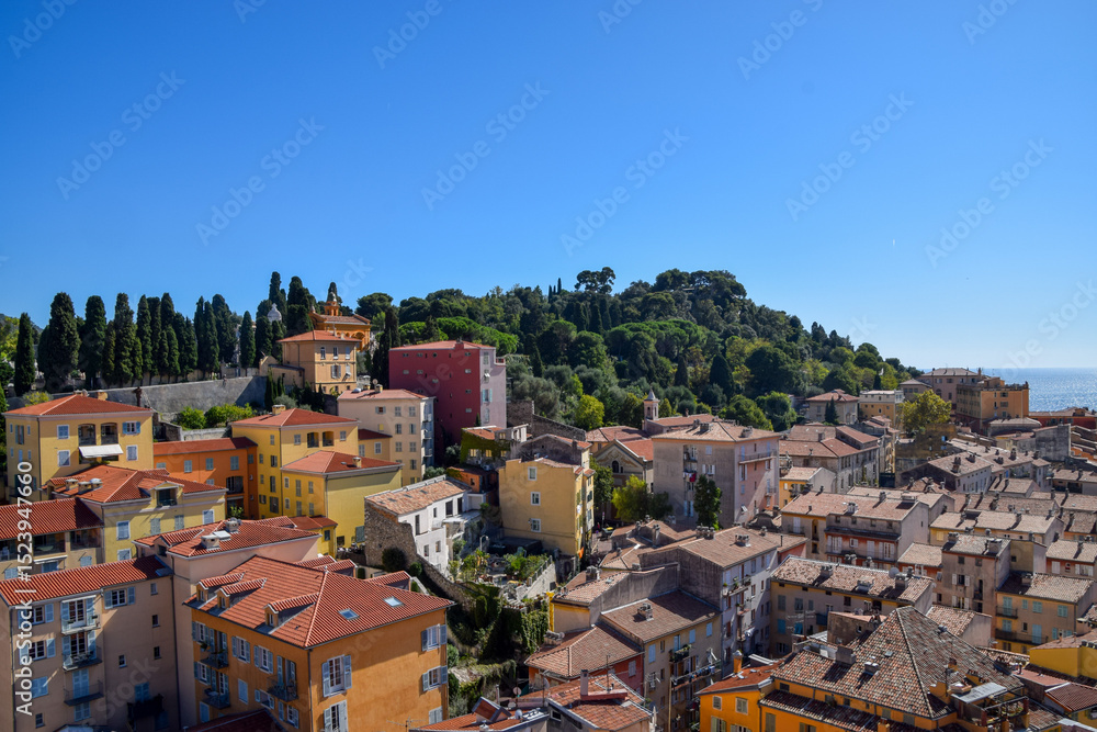 Obraz premium Aerial view of Castle Hill and rooftops in Nice, France