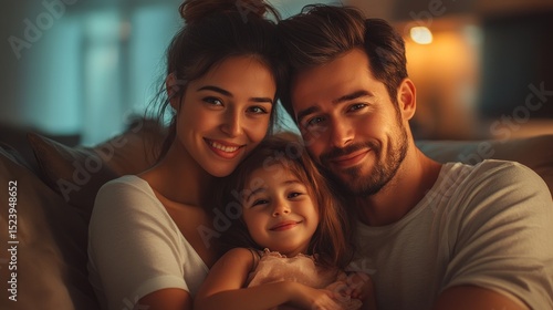 Happy family of three smiling on a sofa in a warm home environment. Suitable for advertising family values and home comfort.