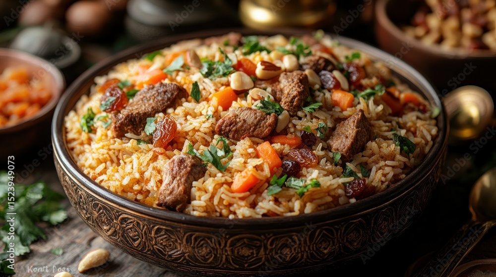 Delicious meat rice dish display Delicious meat rice dish display