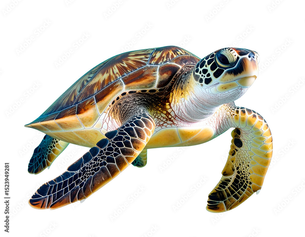 Fototapeta premium Green sea turtle underwater closeup isolated on transparent background