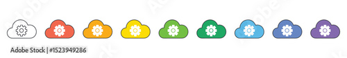 Colorful Cloud Icons with Gear Symbol UI Level Badges for Apps, Cloud Services, Web Design, and Gamification