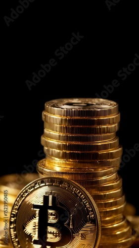Stack of metallic tokens representing digital finance, cryptocurrency, and modern virtual economy on dark background.