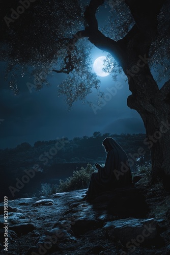 Garden of Gethsemane at night, where Jesus prays in poignant solitude under the silvery moonlight, cloaked in shadows and divine purpose