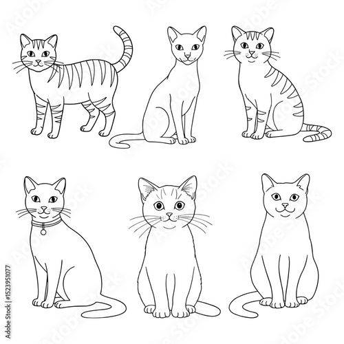 One line kitties that never stop. Hand-drawn line art vector illustration set cat outlines, several cat stances, and kitten activities, cat lover