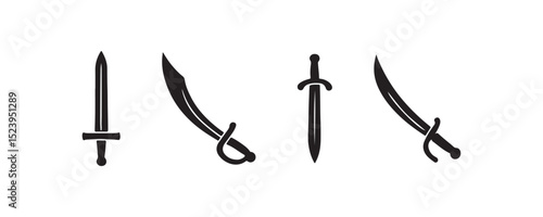 Silhouette of various swords: longsword, scimitar, dagger, falchion.