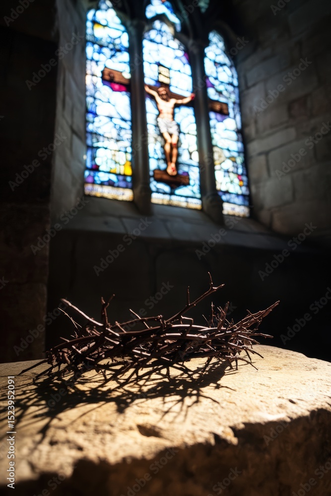 Fototapeta premium The Crown of Thorns resting on a stone altar, imbued with soft light from a stained glass window depicting the crucifixion of Christ.