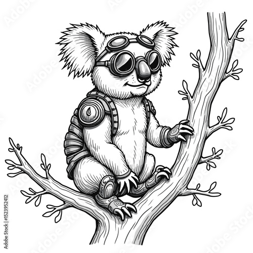 Steampunk Koala Vector Illustration – Retro Futuristic Tree-Dwelling Animal with Goggles, Armor Plates, and Mechanical Enhancements – Black and White Sci-Fi Character Drawing