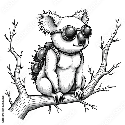 Steampunk Koala Vector Illustration – Retro Futuristic Tree-Dwelling Animal with Goggles, Armor Plates, and Mechanical Enhancements – Black and White Sci-Fi Character Drawing