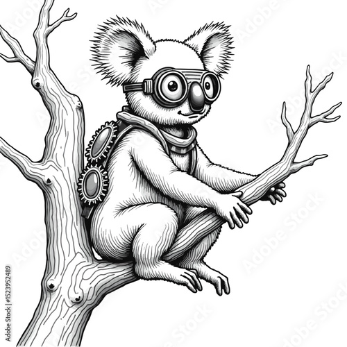 Steampunk Koala Vector Illustration – Retro Futuristic Tree-Dwelling Animal with Goggles, Armor Plates, and Mechanical Enhancements – Black and White Sci-Fi Character Drawing