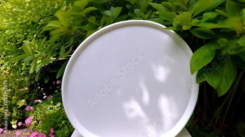 White round plate on pedestal in garden