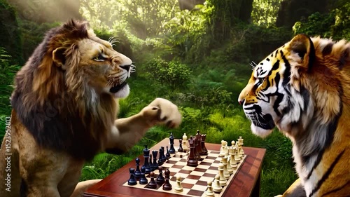 Wild animals play chess in jungle