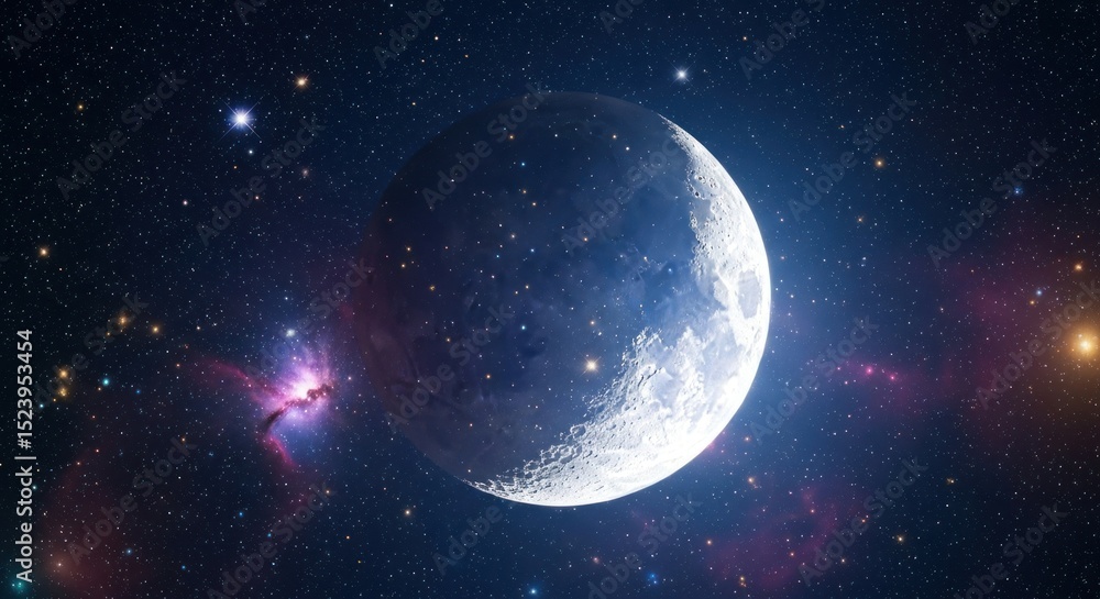 Fototapeta premium Crescent moon bathed in starlight and nebulae.