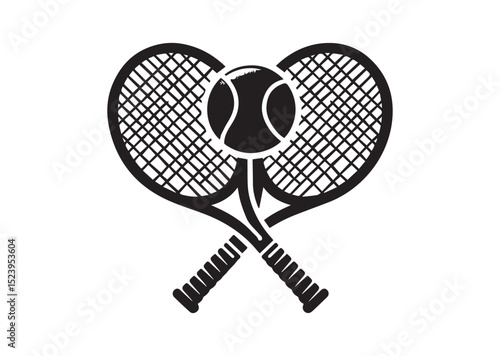 Two tennis rackets with a tennis ball in the middle. The rackets are crossed over each other Silhouette Vector