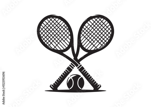 Two tennis rackets with a tennis ball in the middle. The rackets are crossed over each other Silhouette Vector