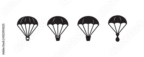 Silhouette icons of parachutes in various designs and shapes.