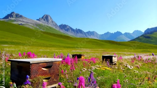 Wooden beehives in a colorful meadow