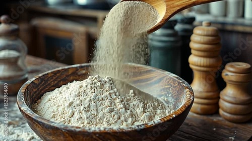 Wooden bowl filled with flour