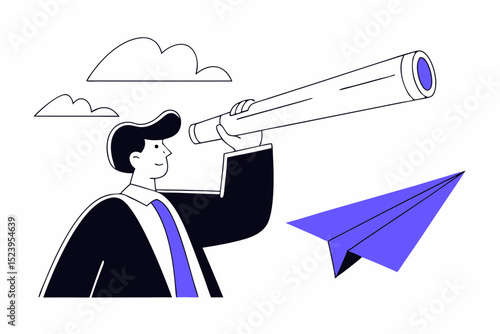 Business vision to see opportunity or strategy, discovery or visionary to look forward in business concept, confidence businessman leader on flying high paper plane looking forward through telescope.