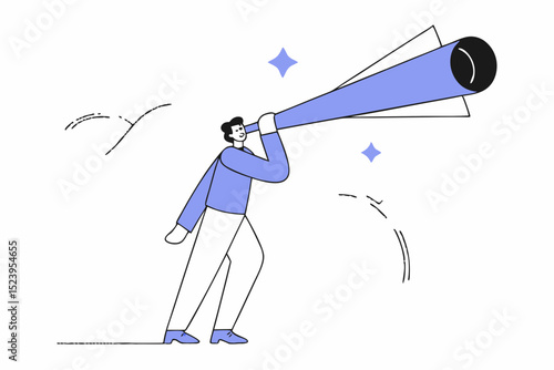 Business vision to see opportunity or strategy, discovery or visionary to look forward in business concept, confidence businessman leader on flying high paper plane looking forward through telescope.