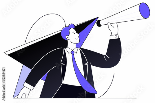 Business vision to see opportunity or strategy, discovery or visionary to look forward in business concept, confidence businessman leader on flying high paper plane looking forward through telescope.