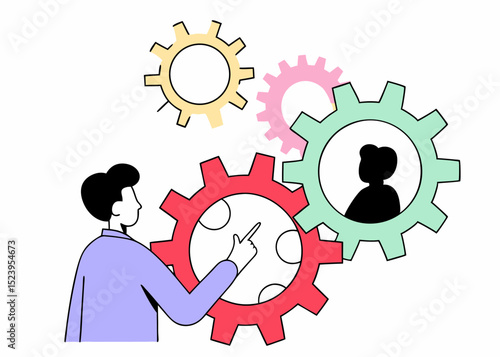 Business work flow, leadership to drive team and initiate productivity and efficiency working process concept, smart businessman manager use all his power and skill to rotate group of cogwheels gear.