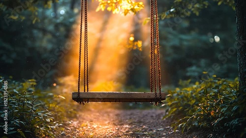 Wooden swing in sunlight in a forest clearing