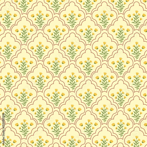 vintage floral seamless pattern with yellow flower moroccan trellis background