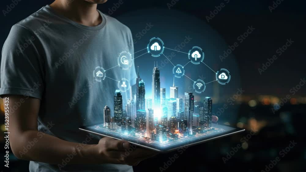 Person holding a tablet displaying a 3D model of a city overlaid with glowing digital icons, suggesting smart city technology
