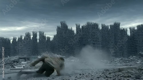 Zombie figure in ruined cityscape