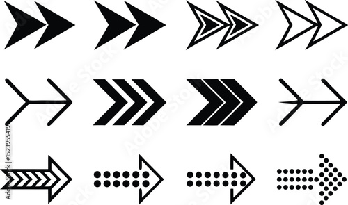 Set of Twelve Black Arrow Icons Pointing Right on White Background