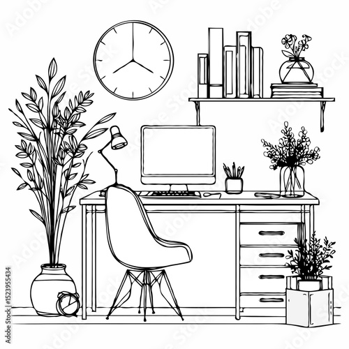 Modern home office workspace with desk, computer, and plants  