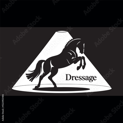 Striking black and white vector illustration of a rearing dressage horse under a spotlight, with "Dressage" text