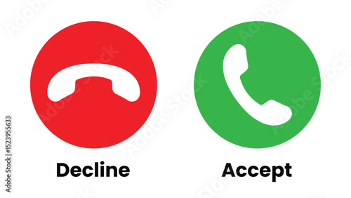 Phone call icons. Accept call and decline button. Green and red buttons with handset silhouettes.