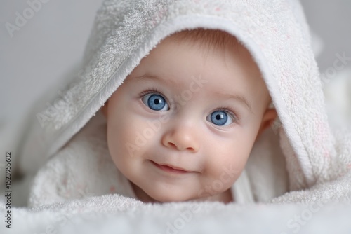Adorable Baby With Blue Eyes Wrapped In Towel