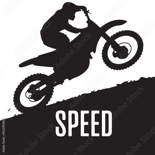 Dynamic black vector silhouette of a motocross rider on a dirt bike in mid-air jump