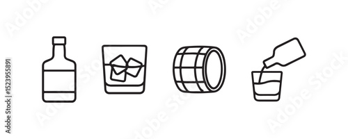 Whiskey icon set featuring bottle, glass with ice, barrel, and pouring action.