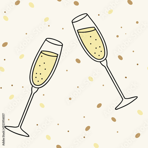 Two sleek champagne flutes clinking together, with golden bubbles rising inside, set against a subtle confetti background