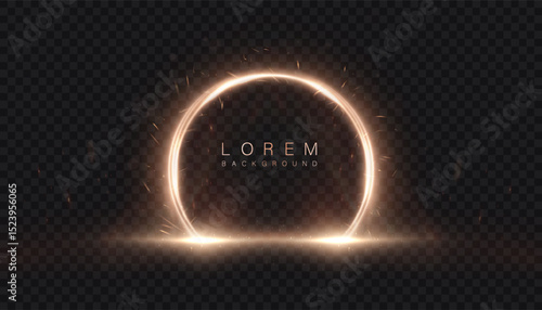 Bright round magic portal arch with golden glow and sparkle effects on transparent dark background. Vector PNG
