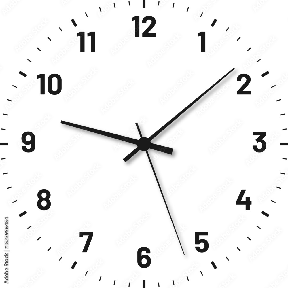 Modern clock face with numbers and clock hands. Blank clock dial with hours, minutes, and seconds hands. Vector Modern clock face with numbers and clock hands. Blank clock dial with hours, minutes, and seconds hands. Vector