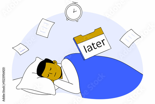 Procrastination do it later, postpone to work tomorrow, unproductive and excuse concept, lazy man sleeping with no clue to wake up with big sticky note written the word later on alarm clock.